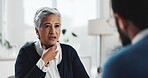 Sore throat, doctor and consulting with old woman in office for healthcare, treatment and illness. Medical, exam and infection with senior patient in clinic for discussion, symptoms and virus