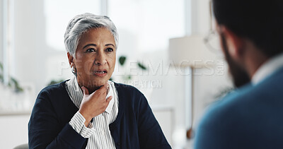 Buy stock photo Sore throat, doctor and consulting with old woman in office for healthcare, treatment and illness. Medical, exam and infection with senior patient in clinic for discussion, symptoms and virus