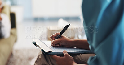 Buy stock photo Writing, clipboard and psychology with hands of person for counseling, mental health and evaluation. Therapy session, trauma rehabilitation and patient notes with therapist in clinic for assessment