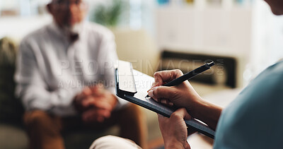 Buy stock photo Psychologist, writing and diagnosis for patient, hands and notes for symptoms of depression or help. Therapy, people and appointment for counselling, mental health and evaluation of client in clinic