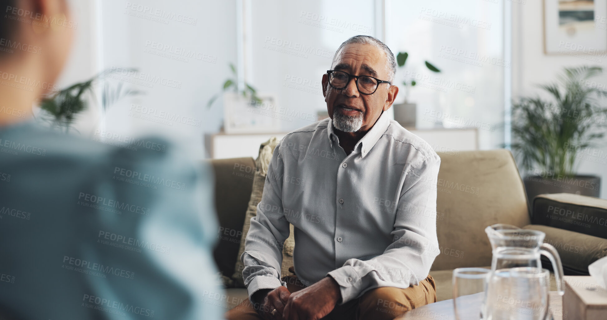 Buy stock photo Psychologist, consultation and help for patient, office and service for mental health and listening. Appointment, therapist and evaluation of client in clinic, people and counselling for healing