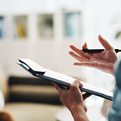 Therapy, hands and mature patient for clipboard, consulting and support ...