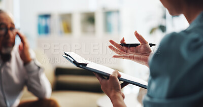 Buy stock photo Therapy, hands and mature patient for clipboard, consulting and support with grief at clinic. People, psychologist and counselling for mental health, anxiety and checklist with caregiver advice