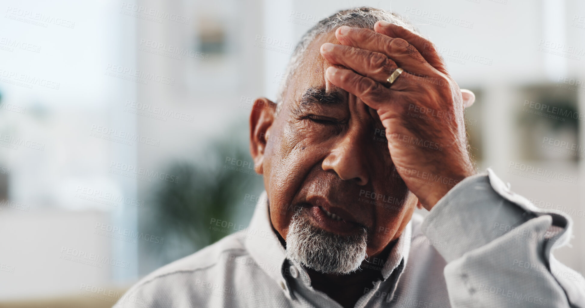 Buy stock photo Stress, headache and senior man in home with burnout, worry or fatigue frustrated in retirement. Depression anxiety, and tired elderly person with fear, crisis or migraine with pain or pressure