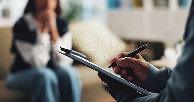 Buy stock photo Writing, clipboard and counseling with hands of person for psychologist, mental health and evaluation. Therapy session, trauma rehabilitation and patient notes with therapist in clinic for assessment