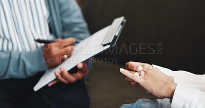 Buy stock photo Writing, clipboard and therapy with hands of people for help, marriage counselor and evaluation. Relationship advice, support and patient notes with therapist in clinic for assessment and psychology