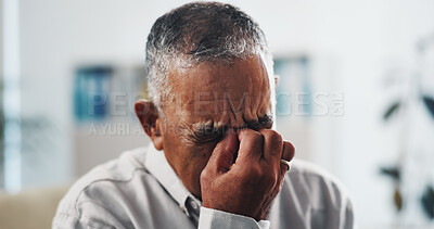 Buy stock photo Crying, man and emotional for loss, appointment or elderly patient with grief, mental health or sad. Depressed, mourning and senior person with loneliness in clinic, psychology and unhappy with tears