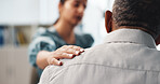 Anxiety, support and psychology with old man shoulder for counseling, mental health and empathy. Therapy session, trauma rehabilitation and healing with person in clinic for helping and progress