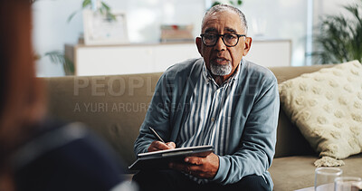 Buy stock photo Therapy, clipboard and writing with psychologist on sofa for counseling, assessment and support. Mental health, advice and progress with mature man for therapist session, trauma recovery and help