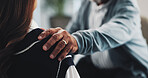 Support, shoulder and hands of psychologist on sofa for counseling, comfort and empathy. Mental health, advice and progress with people in office for therapist session, trauma recovery and help