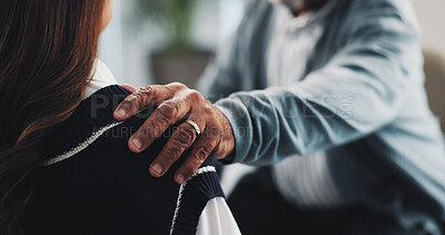 Buy stock photo Support, shoulder and hands of psychologist on sofa for counseling, comfort and empathy. Mental health, advice and progress with people in office for therapist session, trauma recovery and help