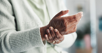 Buy stock photo Elderly person, hands or wrist pain with injury for muscle tension or arthritis at hospital checkup. Closeup, senior and patient with sore arm, joint inflammation or carpal tunnel syndrome at clinic