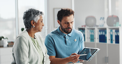 Buy stock photo Tablet, advice and physiotherapy with old woman in office for consulting, healthcare and rehabilitation. Muscle recovery, medical and support with senior patient in clinic for physical therapy