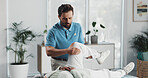 Physiotherapist, man and patient with stretching legs for injury, healing and care for wellness. People, recovery and support with guide, advice and help for knee pain, arthritis for rehabilitation