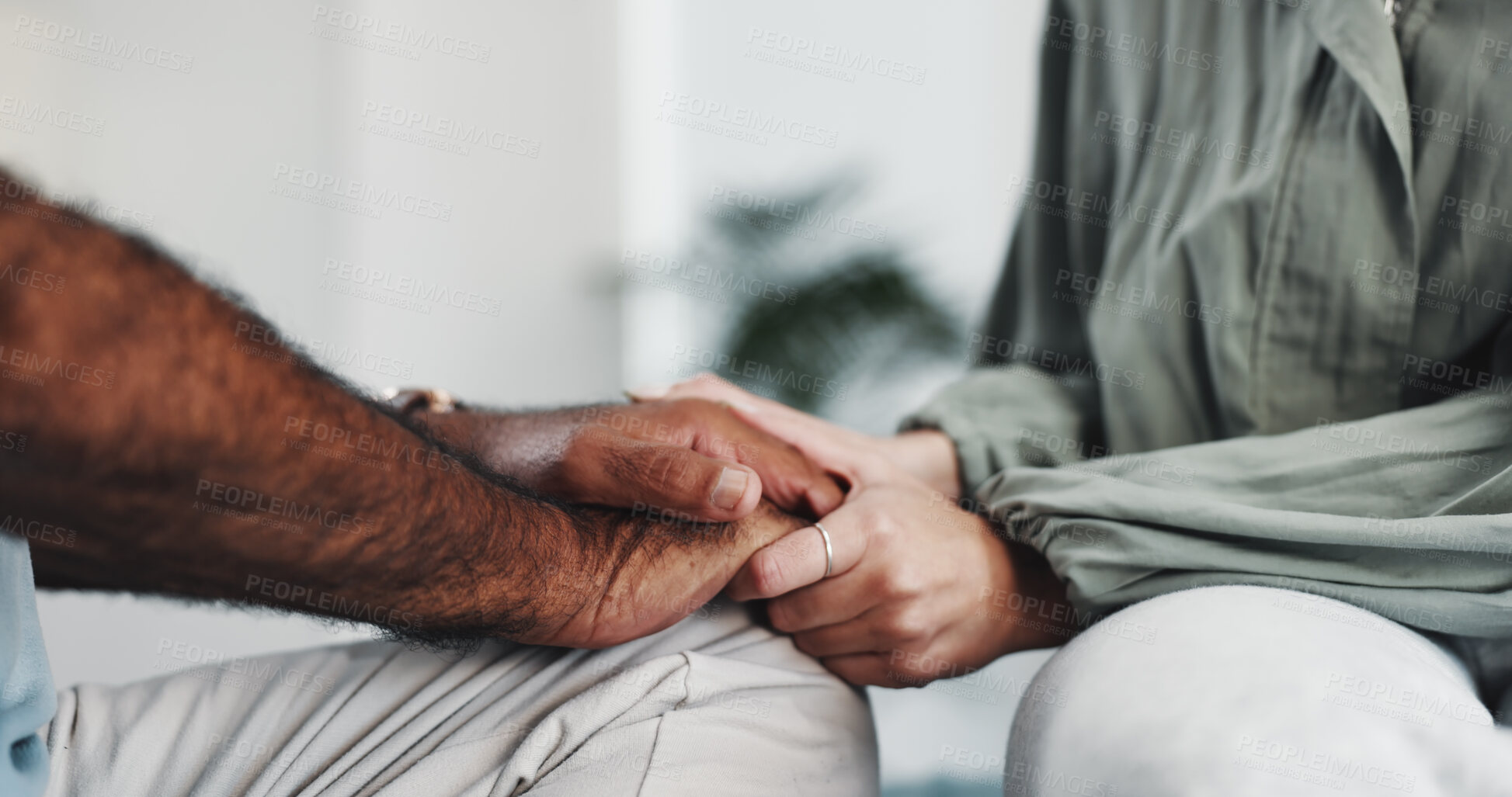 Buy stock photo Empathy, holding hands and trust with people in office together for comfort or understanding. Love, support or wellness with patient and therapist in session for conversation, healing or health