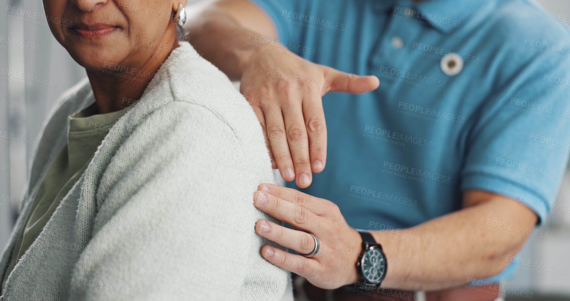 Buy stock photo Patient, hands or physiotherapist with back checkup for muscle recovery or healing at hospital. Woman, man and chiropractor with client for stress relief, rehabilitation or physical therapy at clinic