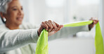 Fitness, hands and resistance band with mature woman in rehabilitation clinic for strength training. Exercise, physical therapy and recovery with patient at physio for medical wellness or workout