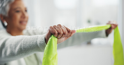 Buy stock photo Fitness, hands and resistance band with mature woman in rehabilitation clinic for strength training. Exercise, physical therapy and recovery with patient at physio for medical wellness or workout