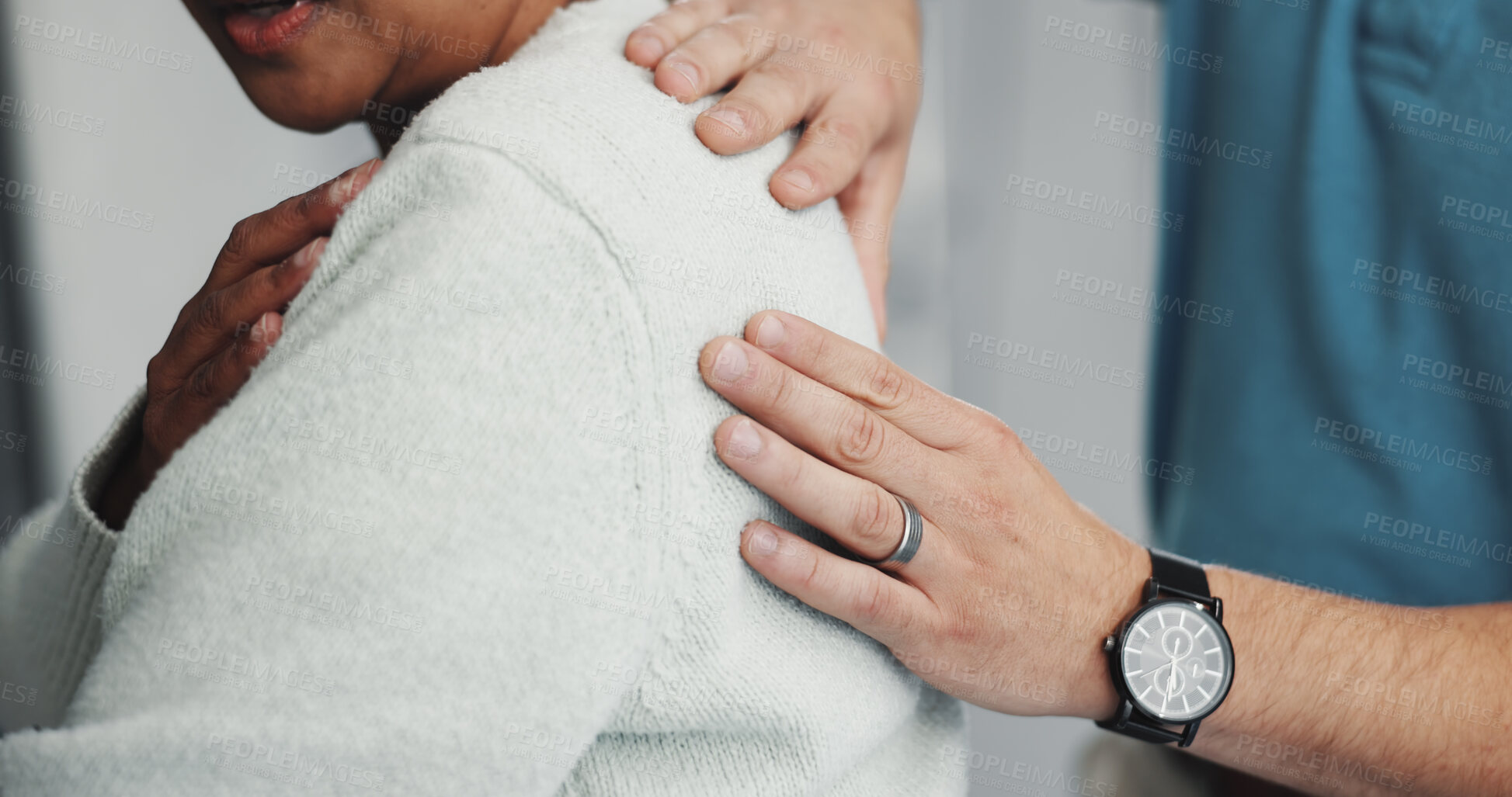 Buy stock photo Hands, medical or shoulder pain with patient and physiotherapist in clinic for diagnosis. Appointment, checkup or healthcare with chiropractor and person in office for consulting or rehabilitation