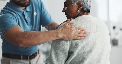 Buy stock photo Old woman, shoulder pain and physiotherapy with man in office for consulting, health and rehabilitation. Muscle recovery, medical and support with senior patient for physical therapy and advice