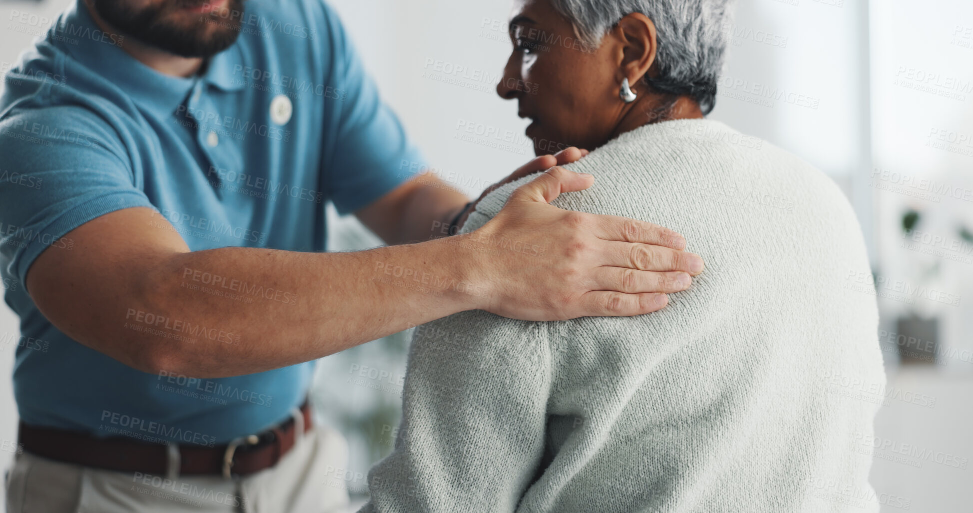 Buy stock photo Old woman, shoulder pain and physiotherapy with man in office for consulting, health and rehabilitation. Muscle recovery, medical and support with senior patient for physical therapy and advice