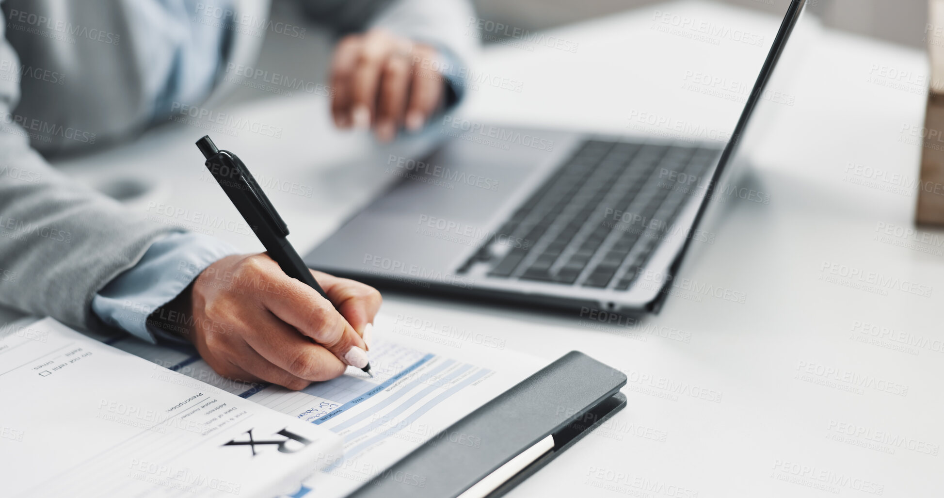 Buy stock photo Laptop, writing and hands of doctor in office for prescription, healthcare scrip or documents. Paperwork, medical and life insurance with person and clipboard in clinic for patient history and report