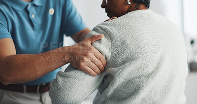 Buy stock photo Hands, healthcare or shoulder pain with patient and physiotherapist in clinic for diagnosis. Appointment, checkup or medical with chiropractor and person in office for consulting or rehabilitation