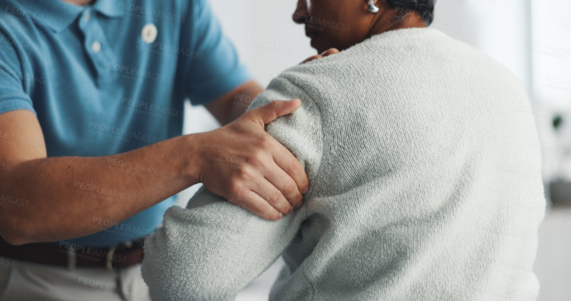 Buy stock photo Hands, healthcare or shoulder pain with patient and physiotherapist in clinic for diagnosis. Appointment, checkup or medical with chiropractor and person in office for consulting or rehabilitation