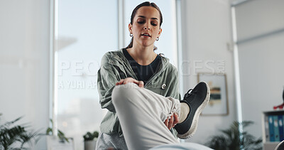Buy stock photo Physiotherapist, woman and patient with stretching legs for injury, healing and care for wellness. People, recovery and support with guide, advice and help for knee pain, arthritis for rehabilitation