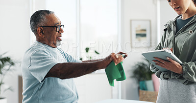 Buy stock photo Healthcare, resistance band or tablet with patient and therapist in office for feedback or review. Assessment, medical and physical therapy with chiropractor and man in clinic for rehabilitation
