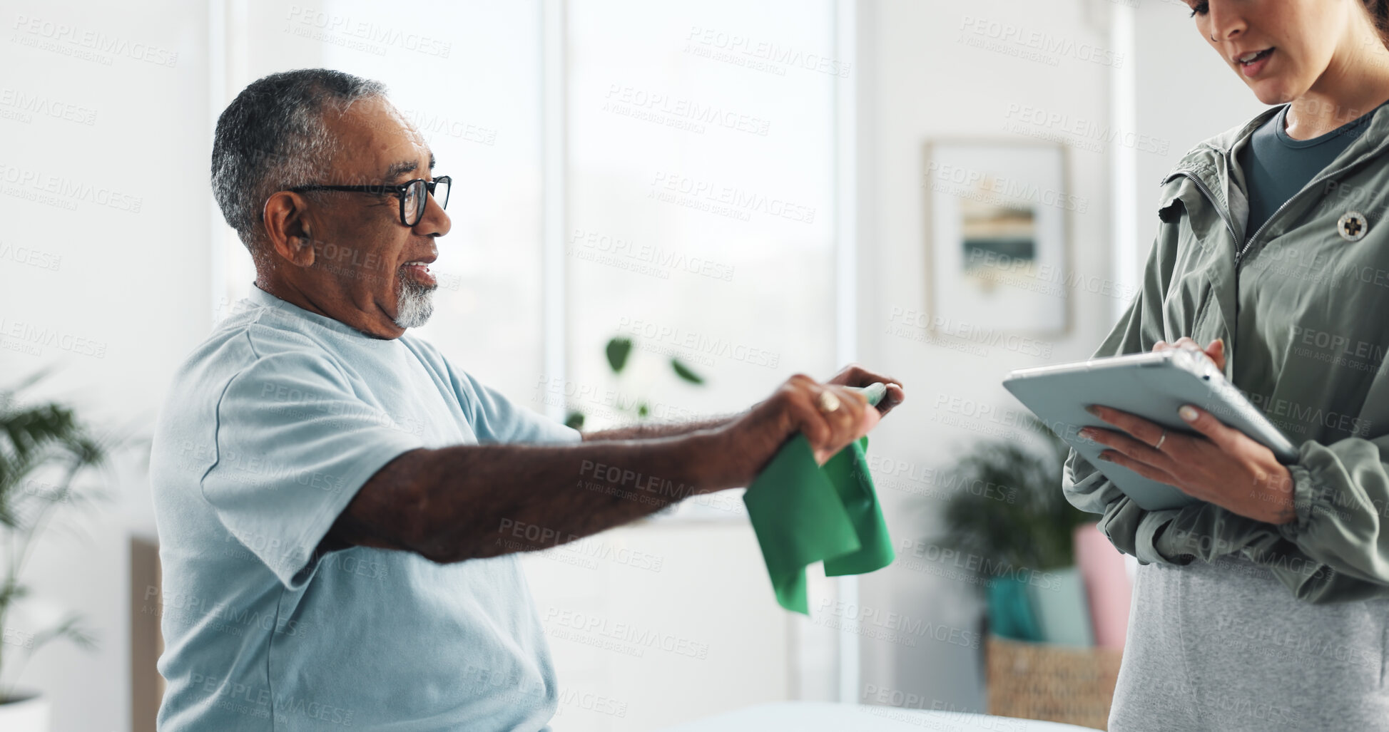 Buy stock photo Healthcare, resistance band or tablet with patient and therapist in office for feedback or review. Assessment, medical and physical therapy with chiropractor and man in clinic for rehabilitation