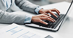 Laptop, documents and hands of business woman for accounting, budget form and research. Finance sheet, audit paperwork and typing with person and online application for portfolio review and report