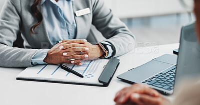 Buy stock photo Hands, doctor and patient with clipboard for checkup checklist, medical report and symptoms. People, consultation and laptop with survey form for healthcare notes, chronic history and treatment plan
