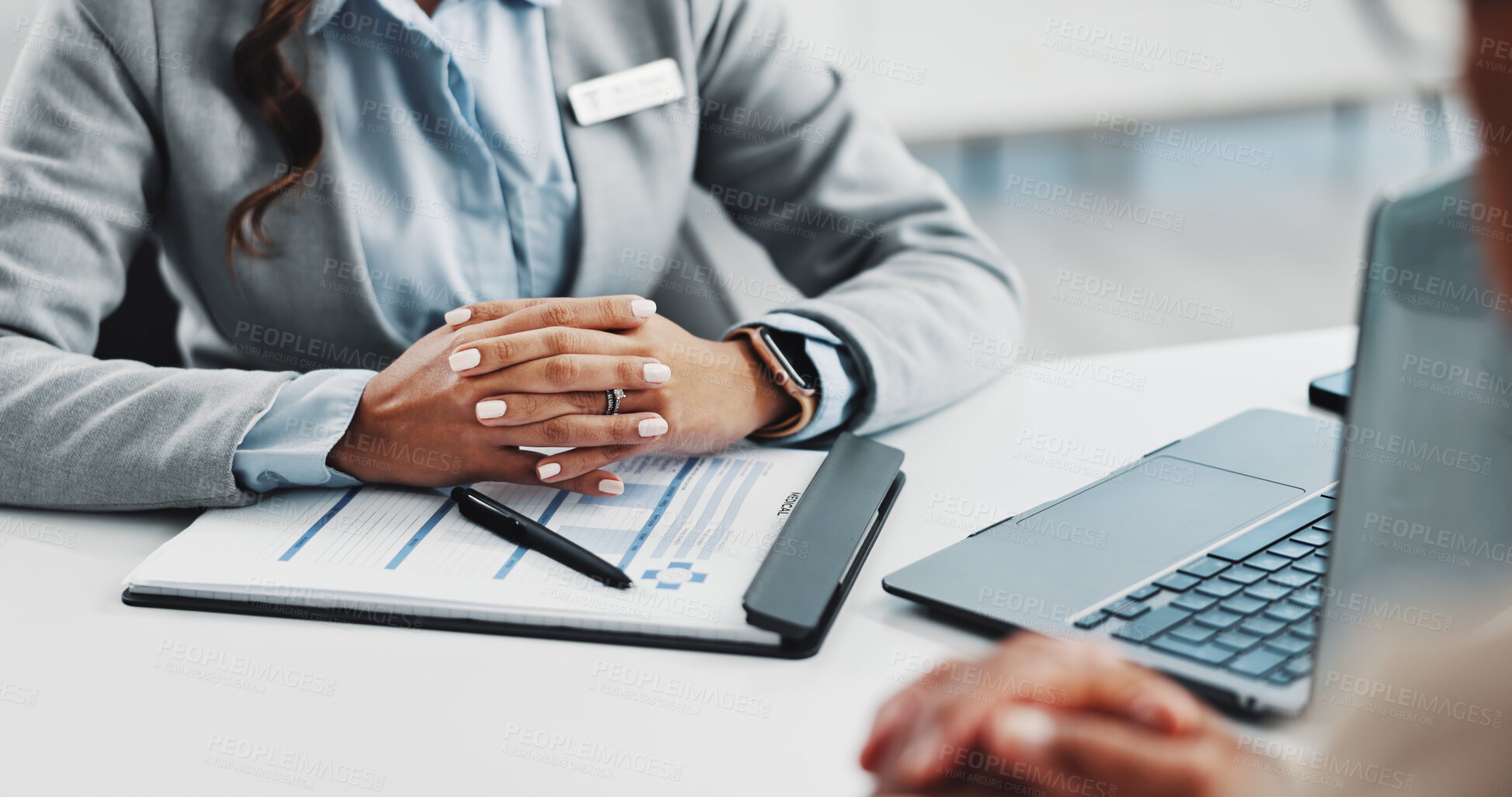 Buy stock photo Hands, doctor and patient with clipboard for checkup checklist, medical report and symptoms. People, consultation and laptop with survey form for healthcare notes, chronic history and treatment plan
