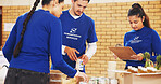 Food, people and clipboard with charity, collaboration or logistics for delivery, teamwork or donations. Volunteer, friends or group with documents, grocery parcel or feeding project with help or ngo