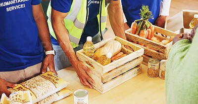Buy stock photo Hands, food and people with donations, charity and humanitarian service with distribution. Closeup, volunteer and group with ngo, giving and collaboration with solidarity and community project