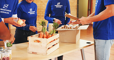 Buy stock photo Teamwork, box and charity with people and food for help, donation or ngo project support. Social responsibility, grocery distribution or non profit campaign with hands of group for outreach program