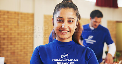 Buy stock photo Portrait, woman and volunteer for humanitarian aid, helping with community service and smile . Social responsibility, donation campaign or food bank for outreach, charity and welfare in Lebanon