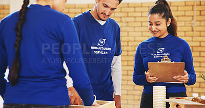 Buy stock photo Food, people and clipboard with charity, help or feeding project with delivery, teamwork or donations. Volunteer, ngo or group with distribution, grocery parcel or community service with solidarity