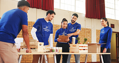 Buy stock photo Help, clipboard and charity with people and food for teamwork, donation or ngo project leader. Social responsibility, grocery distribution and non profit campaign with group for outreach program