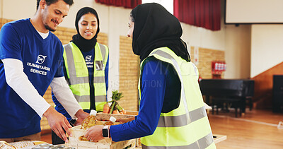 Buy stock photo Food drive, volunteer and people with donation for help, non profit or community outreach. Charity, happy group and giving grocery for humanitarian aid, assistance or distribution at ngo with crate