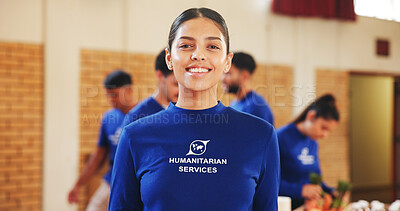 Buy stock photo Portrait, woman and volunteer for humanitarian NGO, aid or help with community service. Social responsibility, donation campaign or food bank with person for outreach, charity and welfare in Lebanon