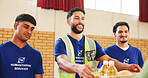 Food bank, volunteer and happy men with donation for help, nonprofit or community outreach. Charity, group or giving grocery for humanitarian aid, assistance or distribution for poverty relief at ngo