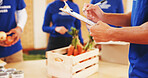 Hands, clipboard and charity with people and food for help, donation or ngo project leader. Social responsibility,  grocery distribution and non profit campaign with person for outreach program