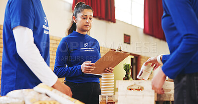 Buy stock photo Food, people and clipboard with charity, donations or logistics for delivery, teamwork or help. Volunteer, checklist or group with documents, grocery parcel or feeding project with solidarity or ngo