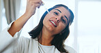 Home, serum and woman with skincare, cosmetics and smile with facial anti aging treatment. Person, apartment and product with pipette, collagen and dermatology with vitamin C oil, dropper and shine