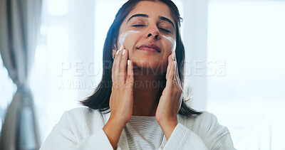 Buy stock photo Happy, home and woman with cream, dermatology and facial anti aging treatment with beauty. Aesthetic, apartment and person with creme, skincare and cosmetics with shine, lotion and glow with grooming