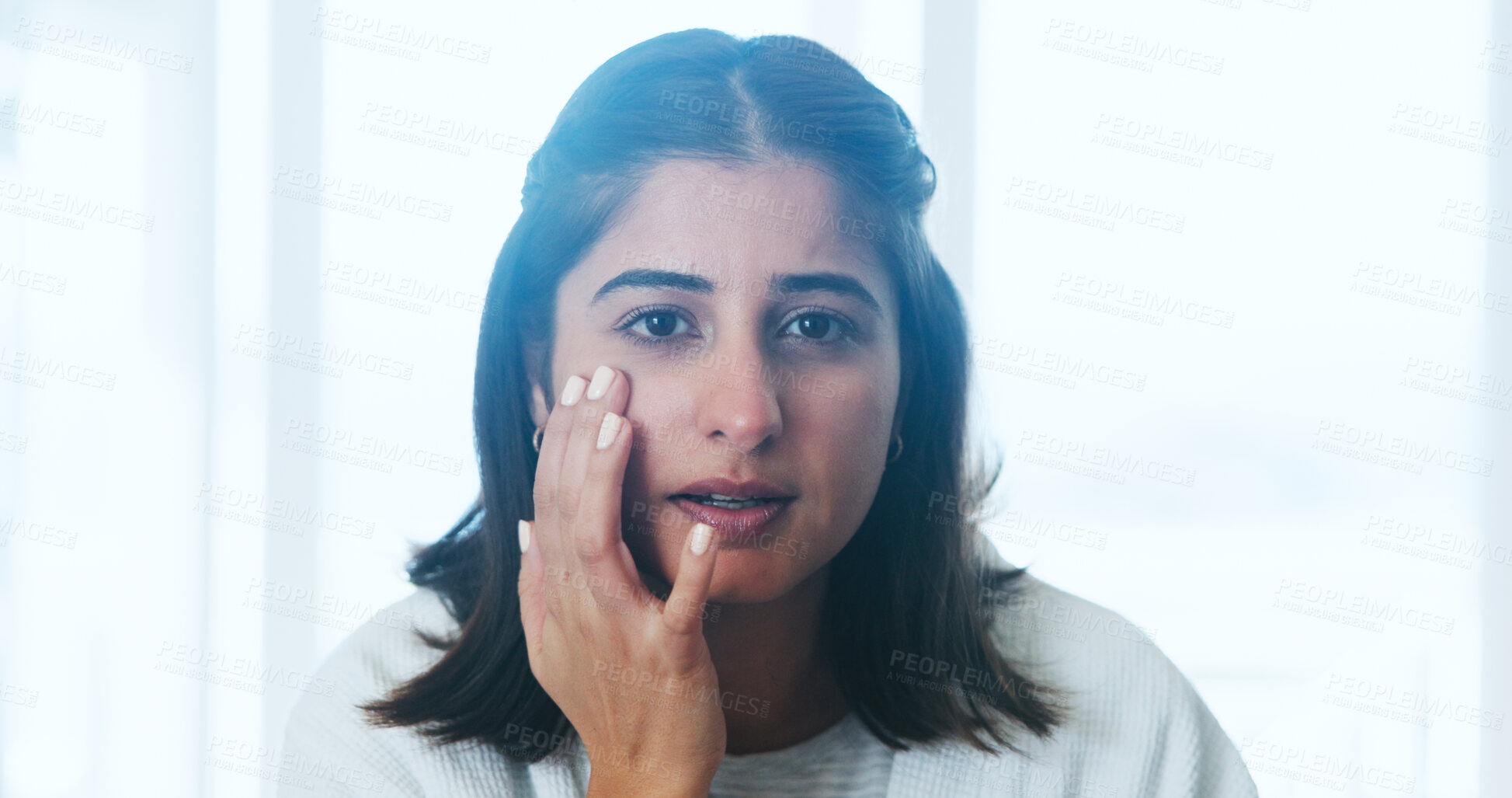 Buy stock photo Portrait, home and woman with cream, beauty and facial anti aging treatment with dermatology. Face, apartment and person with creme, skincare and cosmetics with shine, lotion and glow with grooming
