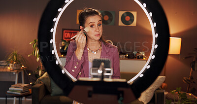 Buy stock photo Beauty, vlogger and woman with makeup tutorial, ring light and live stream with smartphone at night. Review, cosmetics and person with tech for vlog on social media, dark and influencer in house