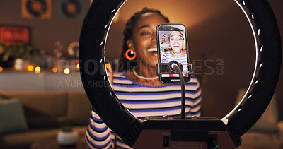Buy stock photo Black woman, influencer and phone with ring light at house for post, live streaming and social media. Person, content creator and introduction to audience, filming video and advice with vlog tutorial
